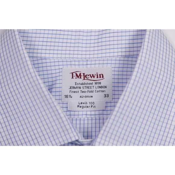 TM Lewin Blue White Checkered Regular Fit 2-Fold Cotton Dress Shirt (42) 16.5-33 - Picture 6 of 6